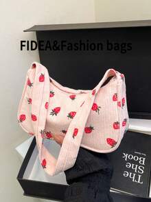 新款时尚女士单肩包，草莓印花灯芯绒面料轻便腋下包，时尚百搭，适合约会、购物 - 粉色 - 查看 8