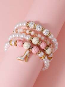 4pcs Set Elegant Faux Pearl, Turquoise Bead, Rhinestone Decor Layered Elastic Bracelet, Suitable For Women Daily, Date, Party Accessories