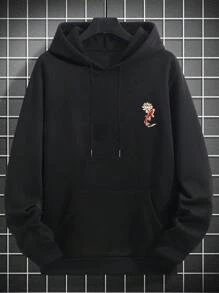 男士休闲街头鲤鱼莲花印花口袋抽绳连帽衫，保暖内衬，秋冬季长袖上衣 - 黑色 - 查看 4