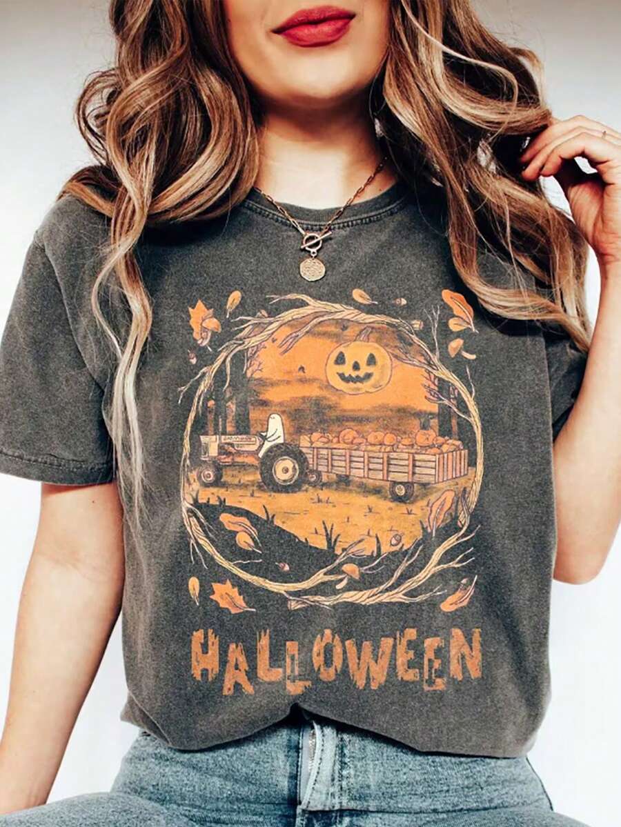 Halloween Pumpkin Car Graphic Casual Crew Neck Short Sleeve T-Shirt, Women Summer Going Out