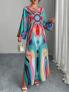 1 件女式传统阿拉伯长裙，圆领开叉 V 领宽松喇叭袖菱形印花休闲连衣裙，优雅奢华节日派对晚礼服 - 綠色 - 查看 3