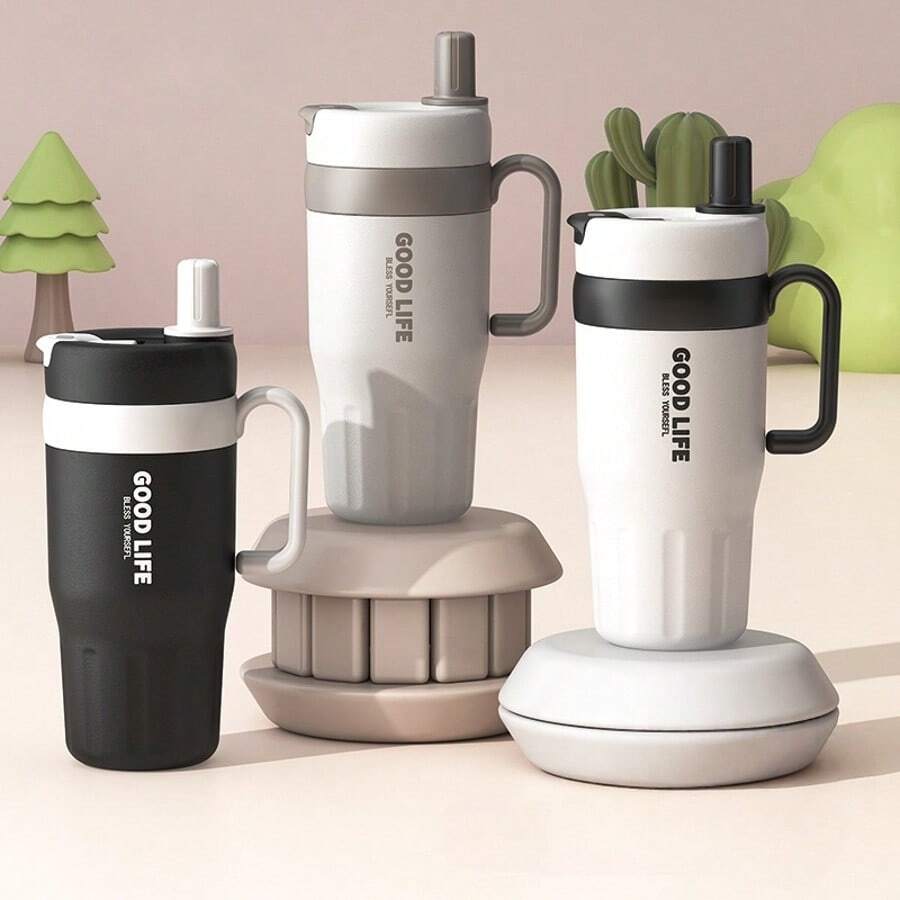 Leak-Proof 304 Stainless Steel Insulated Travel Mug, With Foldable Straw-Sipping Lid And Handle, For Hot/Cold Drinks Back To School