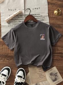 Girls And Teens School Casual Gray Print Round Neck Short Sleeve T-Shirt, Summer Top - Dark Grey - View 4