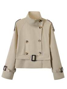 女式短款双排扣风衣 - 卡其色缺口领长袖外套，腰带系带，街头风格春秋休闲外套