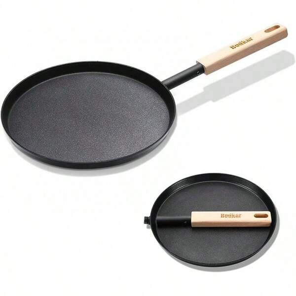 Lightweight Grill Pan With Wooden Handle For Camping Indoor Outdoor Cooking Frying Pan Skillet 8-Inch Flat Crepe Pan