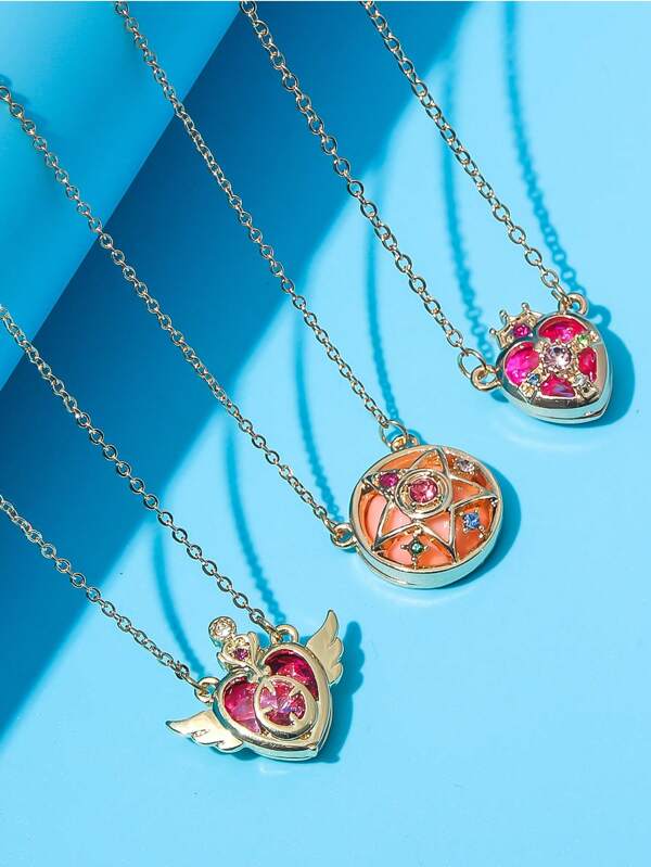 1 pezzo Girocollo unisex stile anime, con ciondolo a forma di corona rosa per ragazza cartoni animati, ciondolo con cuore in cristallo rosa e strass, regalo elegante per fan del cosplay di ragazze, regalo di San Valentino