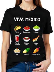 Camiseta Mujer 180g Negra de Algodón con Cuello Redondo, Manga Corta y Diseño Gráfico 'Viva México' con Iconos de Comida: Tacos, Guacamole, Salsas Pico de Gallo y de Tomates, Enchiladas, y Tacos de Pollo - Moda Casual y Divertida para Fiestas Mexicanas. - Negro - Ver 1
