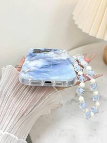 奶油色波浪边亮面蓝色大理石纹彩绘防摔手机壳，配手工串珠手链配件 - 彩色 - 查看 4