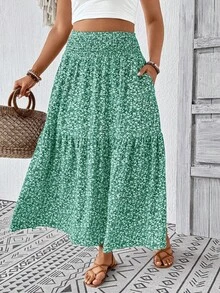 Plus Size Women Ditsy Floral Ruffle Hem Drawstring Waist Casual Midi Skirt, Suitable For Vacation In Autumn Summer - Green Flower - View 7