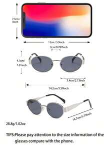 1pc Oval Metallic Small Round Fashion Glasses Oval Shape Shades - Silver Frame Black Gray Film - View 5