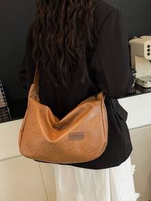 Retro Large Capacity Shoulder Bag For Women, Versatile Soft Plain Color Underarm Bag - Khaki - View 12