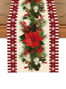 1 件圣诞涤纶桌旗桌布，带花朵和雪花图案的圣诞桌旗，圣诞装饰用品，圣诞派对装饰，家居装饰，餐桌装饰，圣诞装饰，圣诞礼物，圣诞装饰，圣诞装饰