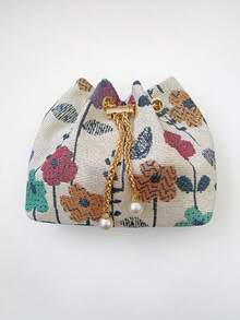 新款中国风亚麻单肩包，书法单肩包，复古印花水桶包，女士休闲时尚手提包，春季托特包 - 彩色 - 查看 8