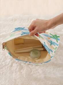 1 pièce Sac cosmétique portable, série marine motif coquillage et étoile de mer impression recto-verso, trousse de maquillage zippée de voyage, organisateur de toilette multifonction