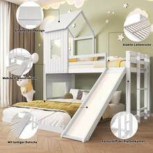 Sairedel Bunk Bed With Slide, House Bed, Children's Bed, With Gate, With Window And Roof, With Three-Step Ladder, Pine + MDF, White, 90x200cm & 140x200cm - 白色 - 查看 6