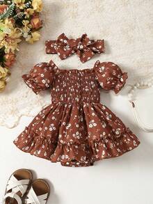 Baby Girl Embracing Bubble Sleeves Flower Printed Skirts Ha Yi - màu nâu - Xem 1