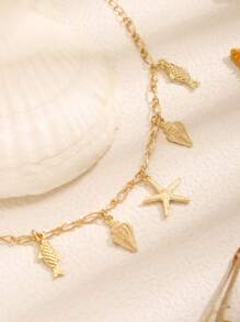 1 pieza Pulsera elegante y linda de niñas con estilo océano creativo, con colgantes de concha, estrella de mar y perla falsa, ideal para uso regular, vacaciones de playa y verano