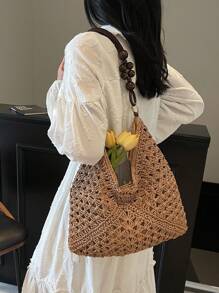 Bolsa Casual de Verão Feminina para Férias, Tecida, Bolsa de Praia Casual para Compras, Nova Chegada Bolsa de Ombro de Palha Feita à Mão