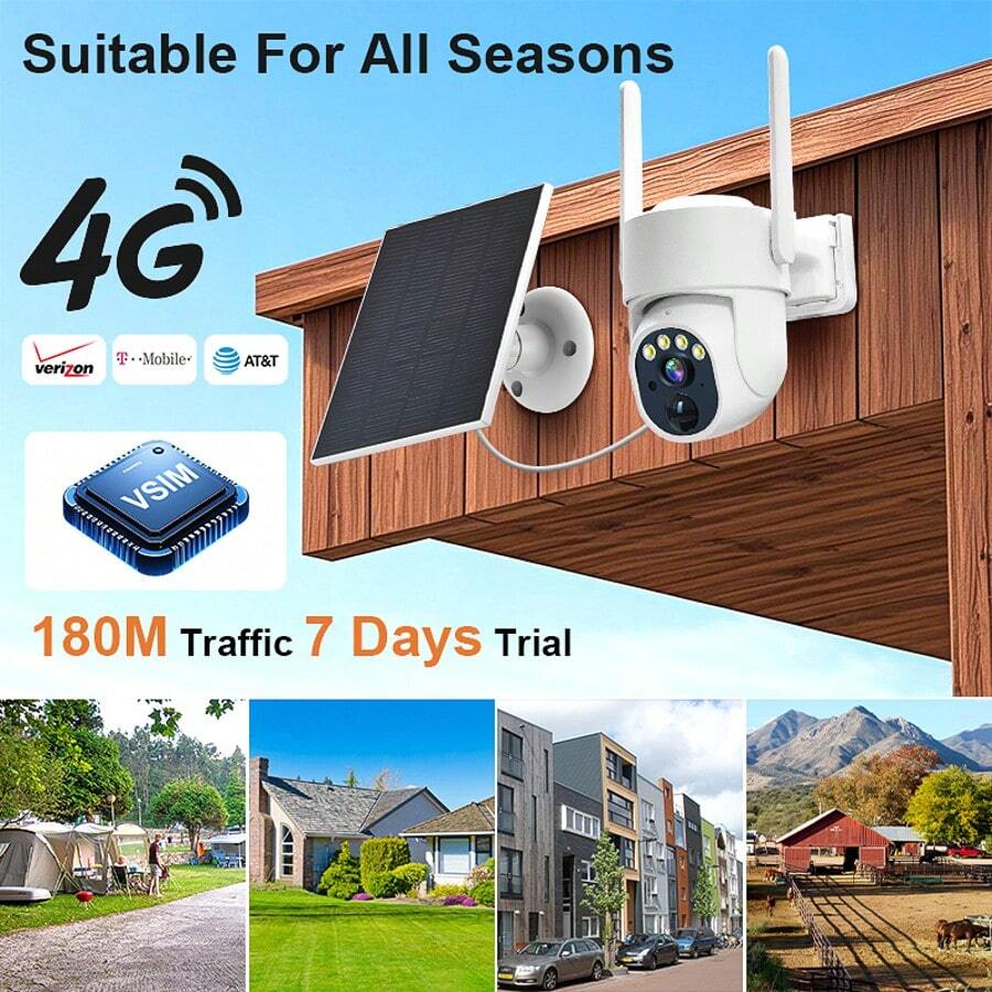 1Pcs Solar Security Camera, 4G Cellular LTE -1296P Full HD Video, 4G Outdoor Camera, Night Vision, APP Remote Surveillance, 2-Way Voice Intercom, Motion Detection, Real-Time Alerts For Farms & Remote Areas, 3MP HD, 4G VSIM Card - 白色 - 查看 1