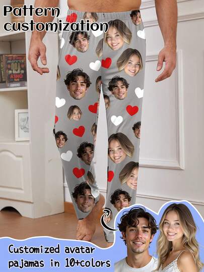 Printstory Customized Men's Sleepwear Pants With Novelty & Unique Big Head Photo, Face Replacement For Couples, Holiday Atmosphere
