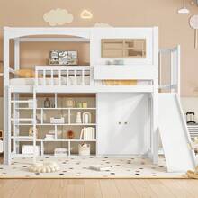 Sairedel Bunk Bed, Children's Bed, With Gate, With Children's Slide And Wardrobe, Ample Storage Space, With Four-Step Ladder, Pine+MDF+Plywood, White, 90x200cm