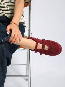 2025春季新款复古红色百搭魔术贴玛丽珍鞋，圆头平底休闲女鞋【尺码偏小，请参考尺码表】，芭蕾平底鞋