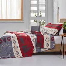 Reversible Lodge Plaid Bedding Moose Bear Quilt Full/Queen Size Rustic Bedspread Cabin Coverlet Wildlife Forest Daybed Cover Summer Lightweight Bed Cover Pillow Shams - 灰色勃根地酒紅 - 查看 3