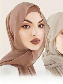 2 件/套女款純色珍珠雪紡蓋頭頭巾 + 吸汗襯帽 - 黑色 - 查看 3