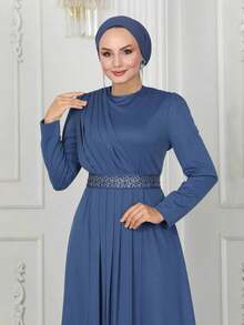 GDfashion 女士藏蓝色褶皱长款连衣裙，饰有腰带，伊斯兰正式长袖长袍，春季款 - 藍色 - 查看 5