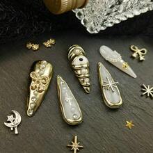 10pcs Gold 3D Decorative Press On Nails Handmade Acrylic French Y2K Style Milky White Nude Color Stiletto Full Coverage Fake Nail Set With Pearl Star Bow Moon Eye Cross Details Luxury Cute Press On Nails For Valentine's Day Gifts Easter Party Wedding Daily Wear Comes With Mini Nail File And Double Sided Adhesive Tabs - 金色 - 查看 2