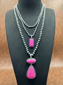 Retro Western Country Style Faux Pearl CCB Beaded Necklace Chain With Water-Drop Pendant, 3 Layers Chain Design, Matching Rectangle Earrings, Suitable For Women And Girls To Pair With Daily Outfit, Party Accessories, Jewelry, Gift For Family/Friends/Yourself