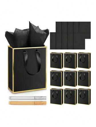 20 Piece Metallic Paper Gift Bag With Handle Tissue Thank You 5 Sensory Gift Bags For His And Hers Birthday WeddingBabyShower Bridal Shower Gift Giving Party Groomsmen Gift 15 Inch (Black, Gold)Gift Bag Size Is:9.05in*7.08in/23cm*18cm-Gift Paper Size Is:50cm*75cm
