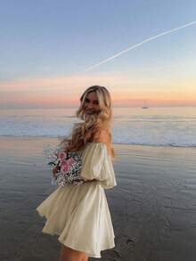 Vestido corto con hombros descubiertos, estilo vacaciones en la playa - Albaricoque - Ver 3