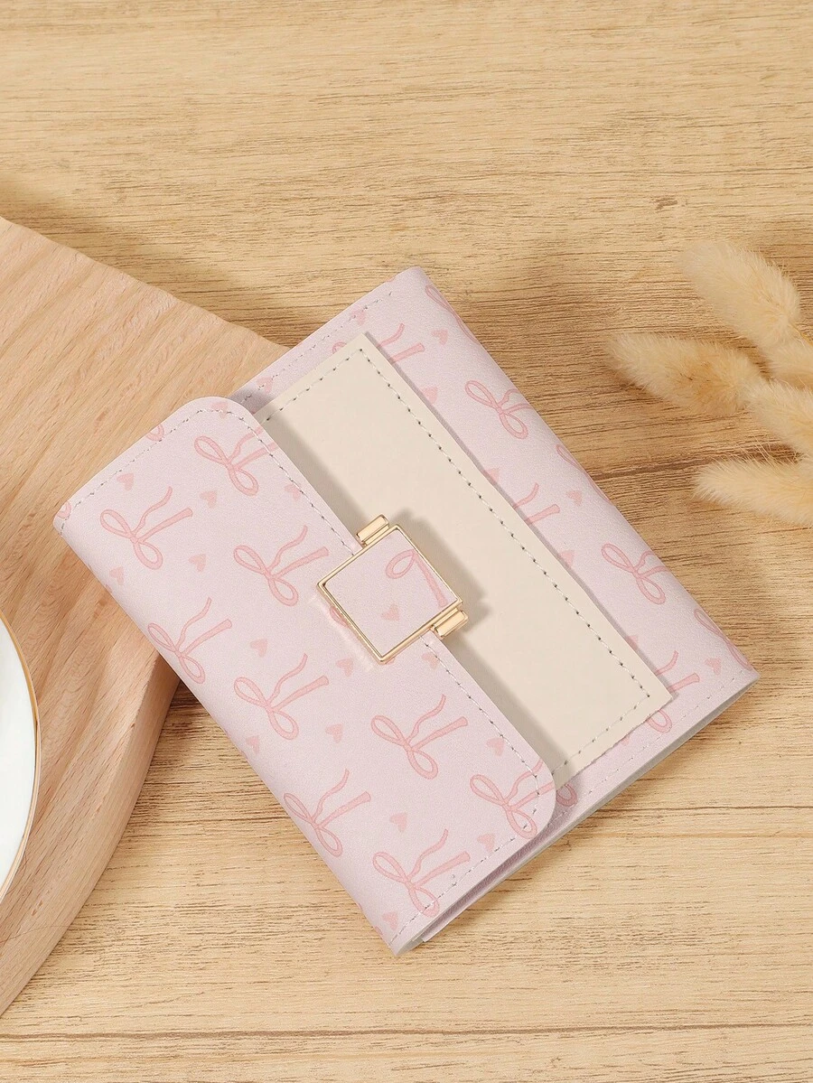 Pink Bow Love Pattern Fold Over Small Wallet Pocket Wallet Small Purse Bifold Slim Women Wallet Lightweight Portable Credit Card Key Case Short Wallet Cute Modern Fashion For Birthday Gift Christmas Anniversary Women Girls Lady,Business,For Anniversary,For Christmas,On Valentine Day,For Birthday Gift,For Gift,For Lover For Women,For Girls,For Lady,For Female,Bag School Supplies For School Dorm Room & Back To School - Pink - View 1