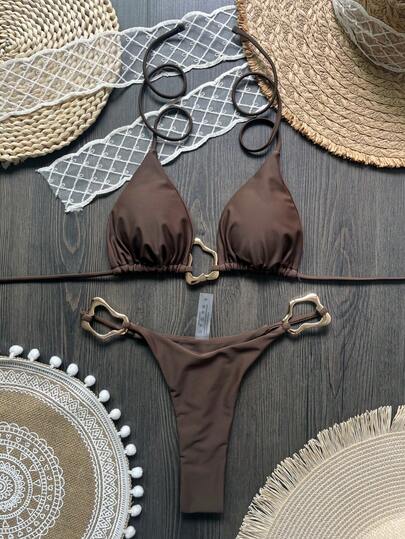 New Asymmetrical Metal Trim Solid Color Bikini, Sexy Women Swimsuit For Beach Vacation Summer