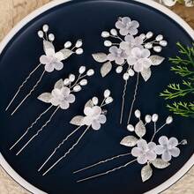 5件套白色亚克力花朵银色叶子U型发夹发饰，新娘、婚礼派对、伴娘、礼服装饰，情人节配饰