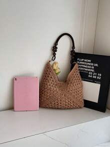 Bolsa Casual de Verão Feminina para Férias, Tecida, Bolsa de Praia Casual para Compras, Nova Chegada Bolsa de Ombro de Palha Feita à Mão