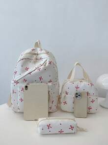 3 Pcs Fashionable Preppy Bow Print Backpack Set,Backpack&Lunch Bag&Pencil Case,With Laptop Compartment Bookbag,Adjustable Strap Bookbag Set,Multi Pockets High-Capacity School Bag Set Multifunctional Daypack Set Idea For Boys/Girls/Teens/College Students/Graduate/Graduate For Daily Use/Vacation/Travel/Back To School - Multicolor - View 4