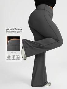 Sodalemon Women Plus Size Fitness Fold Waistband Elastic Training Gym Curvy Leggings Outdoor Casual Tennis Trousers Sport Flare Pants