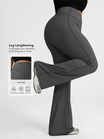 Sodalemon 女式加大码健身折叠腰带弹性训练健身房曲线紧身裤户外休闲网球裤运动喇叭裤