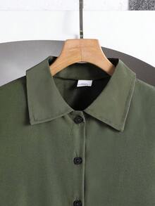 Left Mama Tween GirlsCasual Minimal Pleated Long Sleeve Shirt & Straight Pants Set, Spring/Autumn - Army Green - View 3