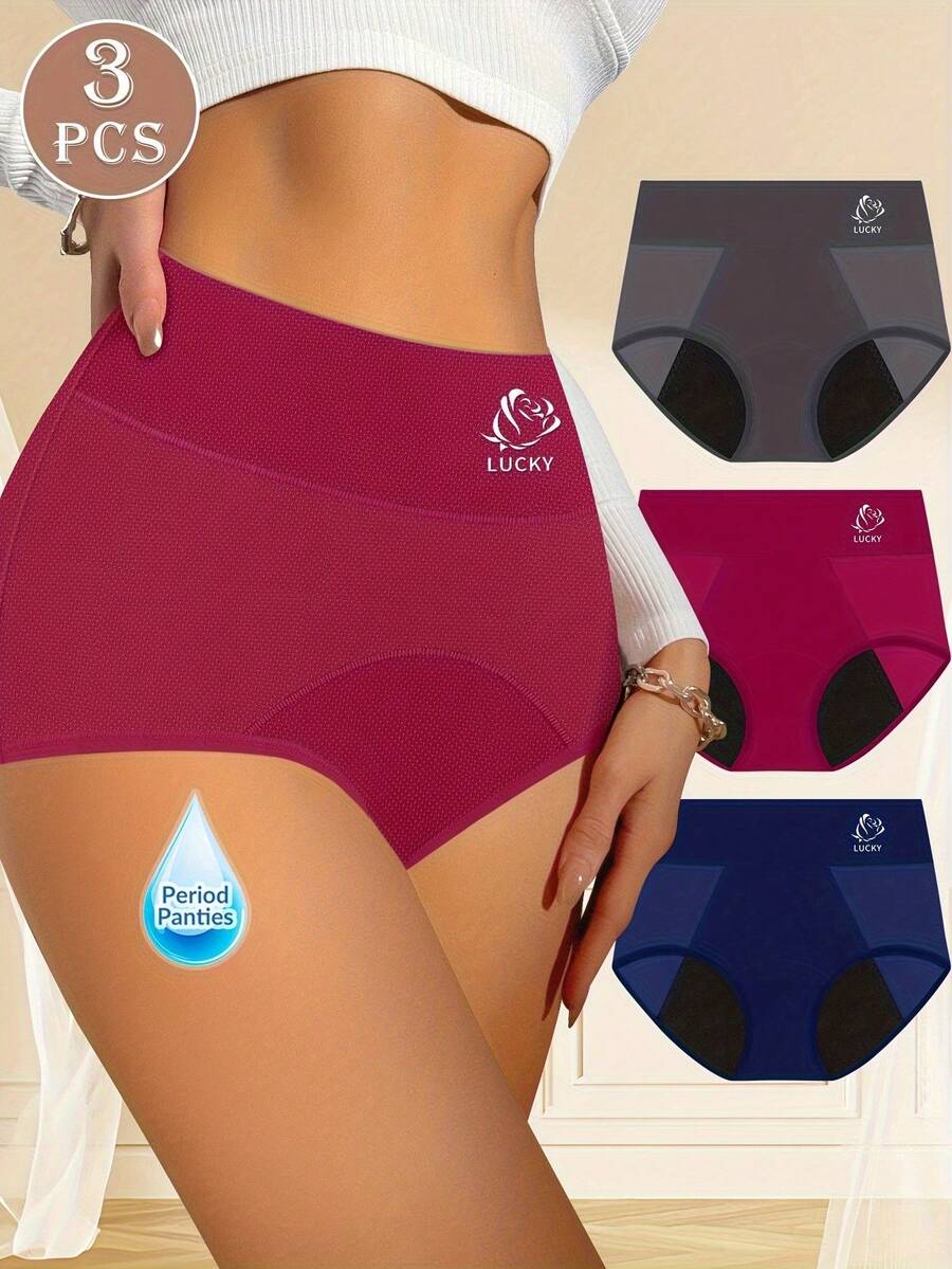 3-Pack Women's Period Panties - Mid-Rise Leak-Proof Comfort Underwear, Soft Breathable Fabric With Elastic Waistband, 3 Colors (Burgundy/Navy/Black) For Everyday & Menstrual Protection - 深藍色+灰色+紅色 - 查看 1