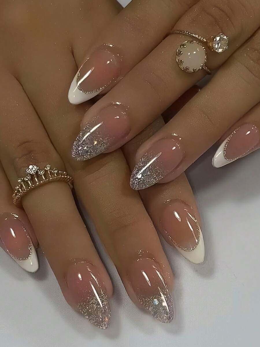 24片杏仁形美甲贴纸套装，瞬间提升您的美甲档次！简约优雅的白色法式风格，闪亮条纹，时尚裸色闪粉假指甲，全覆盖式美甲贴纸，适合女性和女孩。套装包含1张美甲贴纸、1个迷你指甲锉、1瓶果冻胶，随机发货。美甲用品 - 白色 - 查看 1