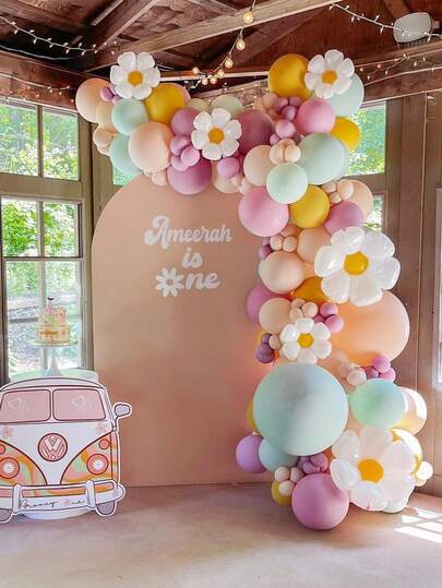 115pcs Daisy Balloon Wreath Set - White Stylish Daisy Flower Macaron Pink Balloons Boho Wreath Suitable For Chic Girls Birthday, Baby Shower, Boy/Girl, Kids Birthday Flower Party Decor