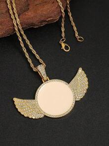 Personalized Rhinestone Studded Angel Wings Photo Necklace, Custom Photo Necklace, Hip Hop Photo Pendant, Iced Custom Round Photo Pendant, Silver, Stylish, Colorful, Vintage, Simple, Unisex, Casual, Cuties, Custom, Personalized, Unique, Ideal Gifts For Him, Ideal Gifts For Her, Her, Boyfriend, Girlfriend, Dad, Mom, Family, Friends, For Anniversaries, For Birthdays, For Graduation, For Prom, For Party, Stainless Steel Jewelry,Chic Autumn,Silver Stylish - Multicolor - View 7