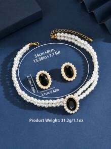 3pcs/Set Oval Geometric Faux Pearl Necklace & Earrings Set, Elegant Faux Pearl Jewelry For Women