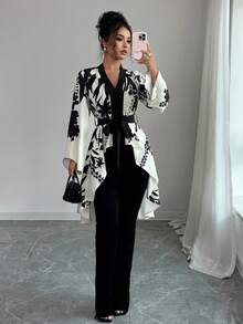 Symmetrical Printed Black And Beige Long Sleeves Waist Cinched Fish Tail Hem Elegant French Shirt - Multicolor - View 3