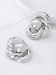 1 对夸张高端金属质感大表面金色几何图案吊坠耳环，适合女性日常佩戴 - 銀色 - 查看 3