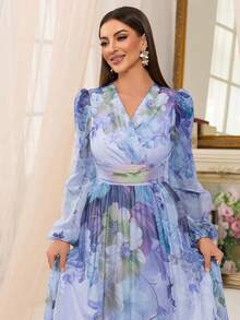 Đầm maxi nữ cổ chữ V tay phồng in hoa ngẫu nhiên, thanh lịch cho kỳ nghỉ xuân. - Màu xanh lam - Xem 6