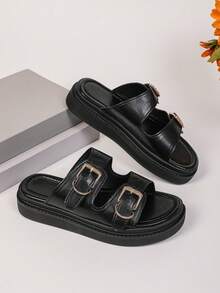 女士夏季新款厚底黑色凉鞋，法式时尚一脚蹬休闲度假鞋，软橡胶底拖鞋，系带露趾沙滩休闲凉鞋，可调节双带厚底夏季家居拖鞋，办公室户外百搭搭配厚底凉鞋